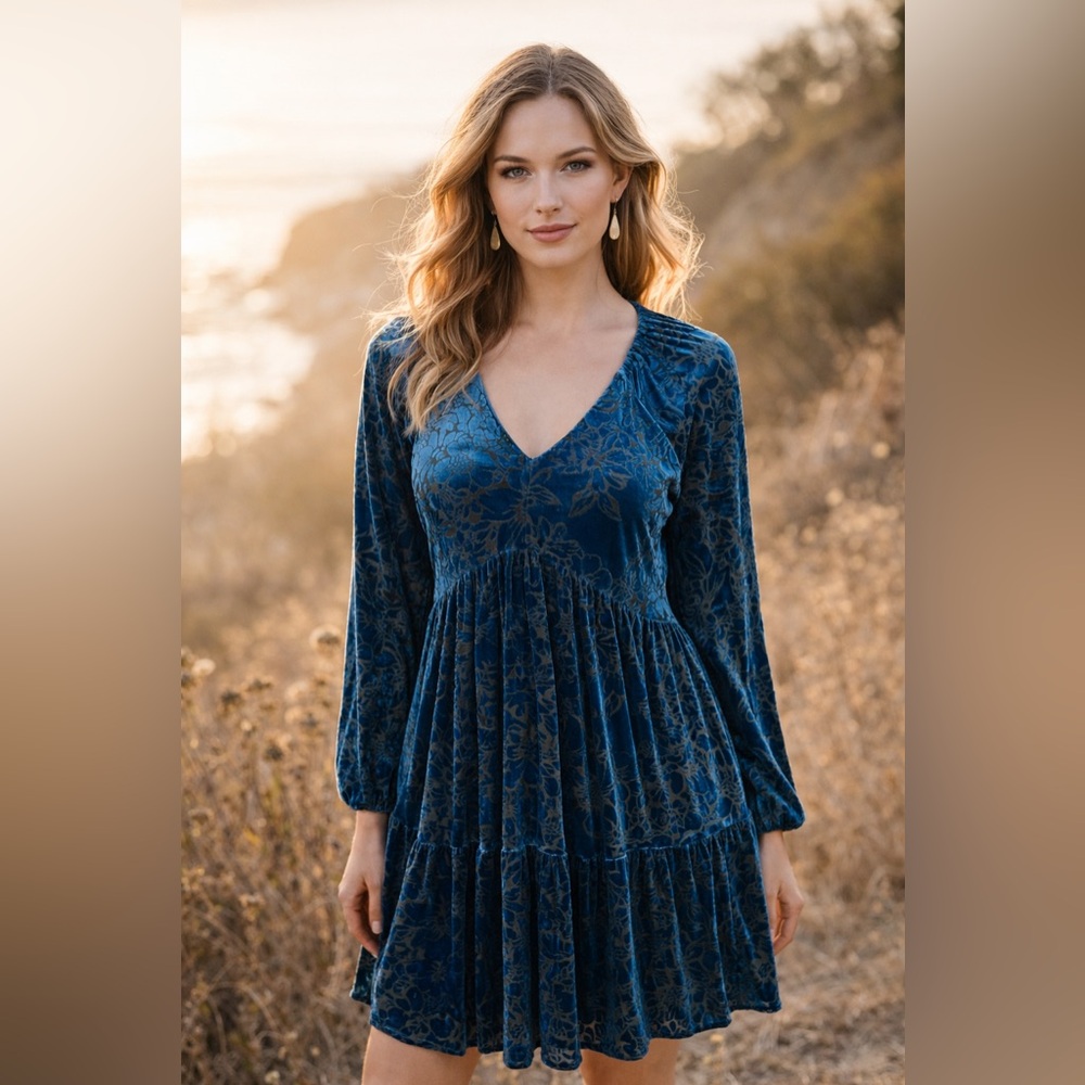 Taylor Brilliant Blue Velvet Burnout Babydoll‎ Dress Sz 8 Whimsigoth Boho Grunge